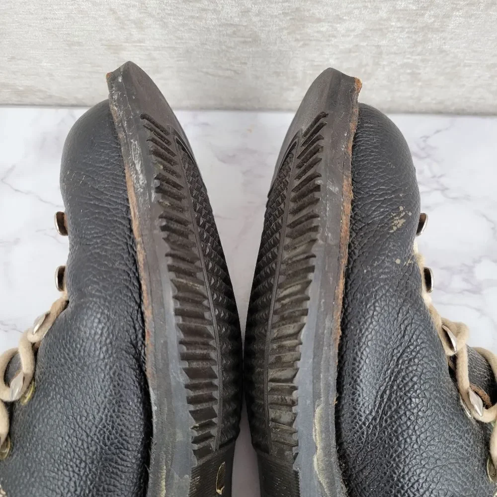 Vintage Black Leather Cross Country Ski Boots Double Tongue Double Laces